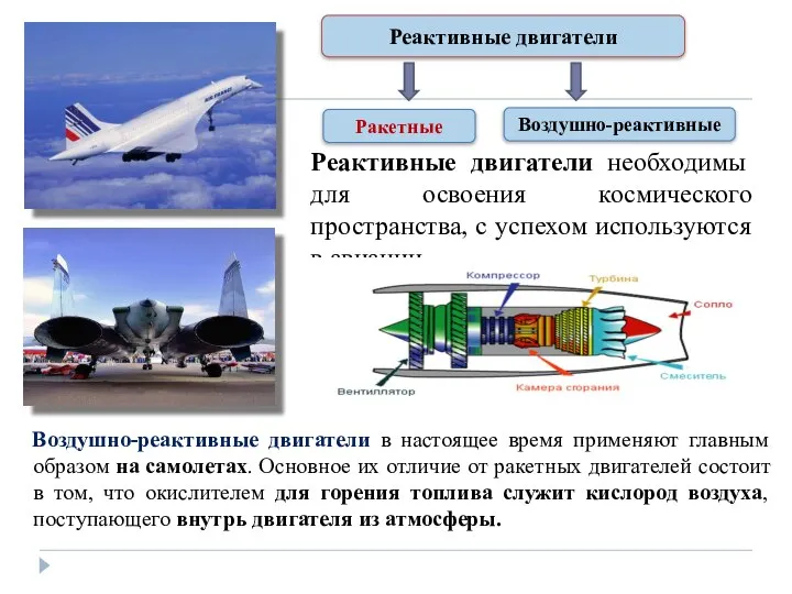 Реактивные двигатели необходимы для освоения космического пространства, с успехом используются в авиации.