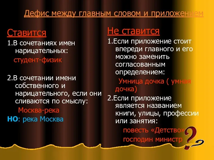 Дефис между главным словом и приложением Ставится 1.В сочетаниях имен нарицательных: студент-физик