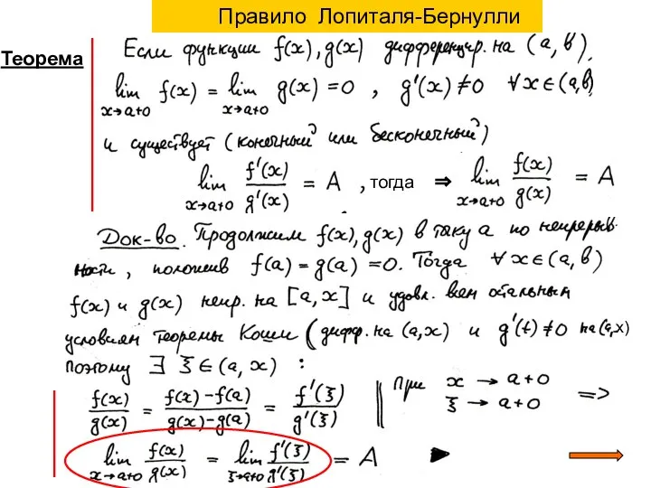 Правило Лопиталя-Бернулли Теорема тогда ⇒ ) х)