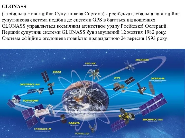GLONASS (Глобальна Навігаційна Супутникова Система) - російська глобальна навігаційна супутникова система подібна
