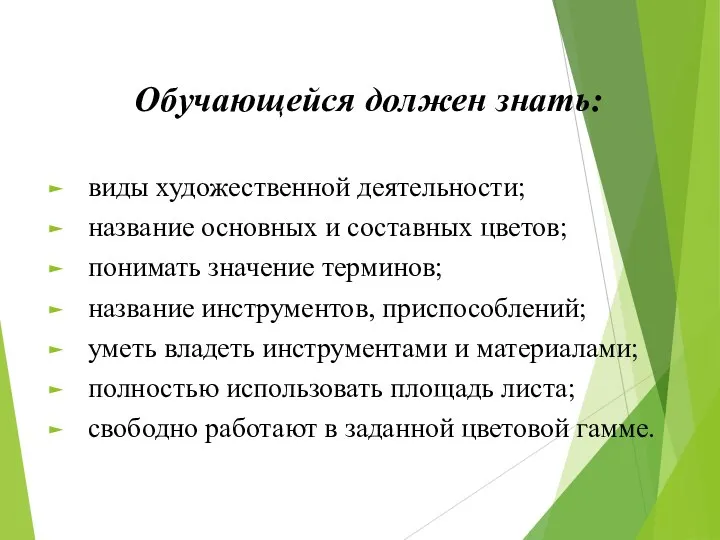 Обучающейся должен знать: виды художественной деятельности; название основных и составных цветов; понимать