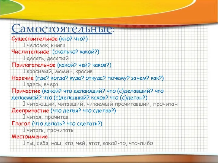 Самостоятельные: Существительное (кто? что?) ? человек, книга Числительное (сколько? какой?) ? десять,