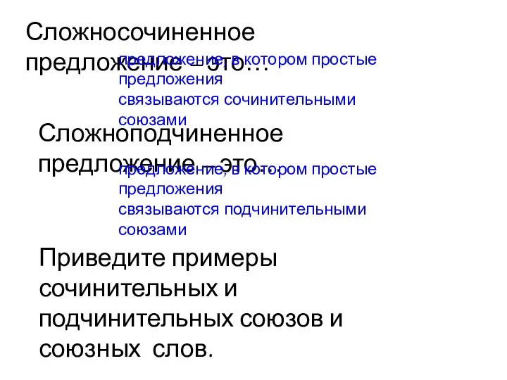 Сложносочиненное предложение – это… предложение, в котором простые предложения связываются сочинительными союзами