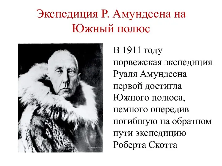 Экспедиция Р. Амундсена на Южный полюс В 1911 году норвежская экспедиция Руаля