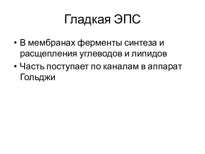 Гладкая ЭПС В мембранах ферменты синтеза и расщепления углеводов и липидов Часть