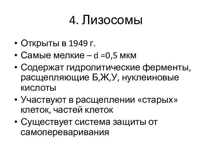 4. Лизосомы Открыты в 1949 г. Самые мелкие – d =0,5 мкм