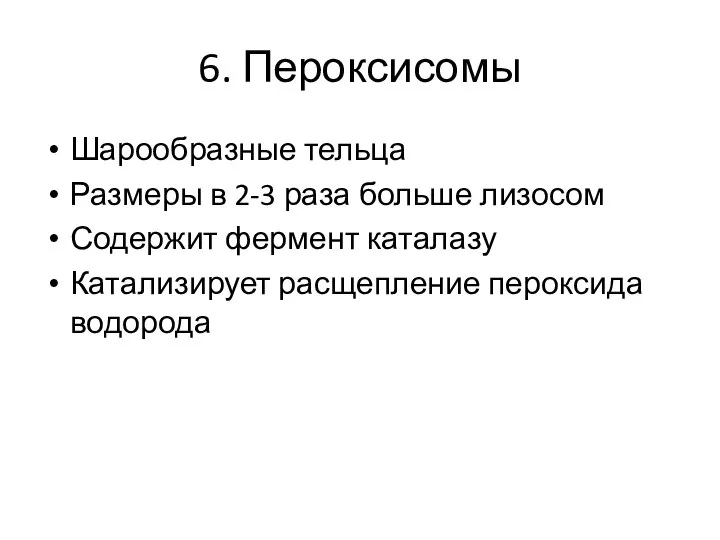 6. Пероксисомы Шарообразные тельца Размеры в 2-3 раза больше лизосом Содержит фермент