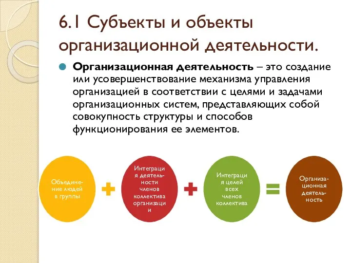 6.1 Субъекты и объекты организационной деятельности. Организационная деятельность – это создание или