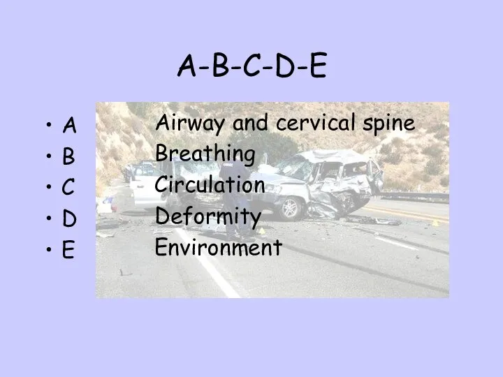 A-B-C-D-E A B C D E Airway and cervical spine Breathing Circulation Deformity Environment