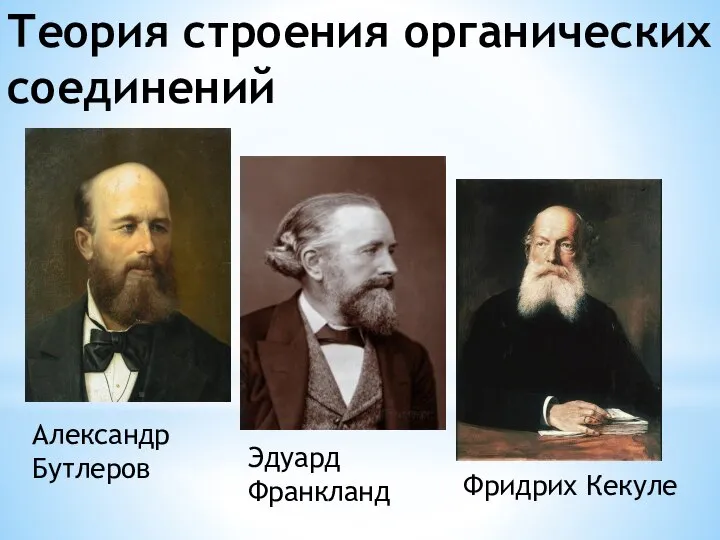 Теория строения органических соединений Александр Бутлеров Эдуард Франкланд Фридрих Кекуле