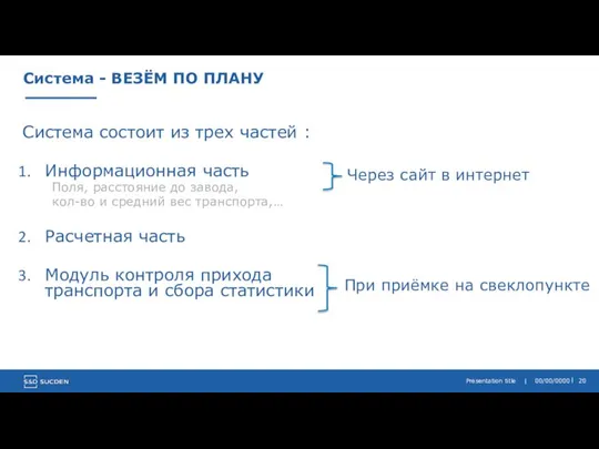 Система - ВЕЗЁМ ПО ПЛАНУ Система состоит из трех частей : Информационная