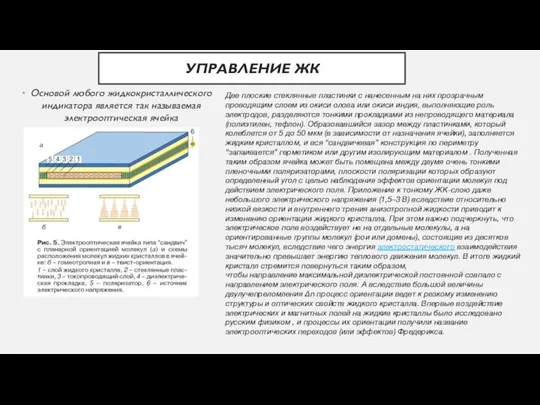 УПРАВЛЕНИЕ ЖК Основой любого жидкокристаллического индикатора является так называемая электрооптическая ячейка Две