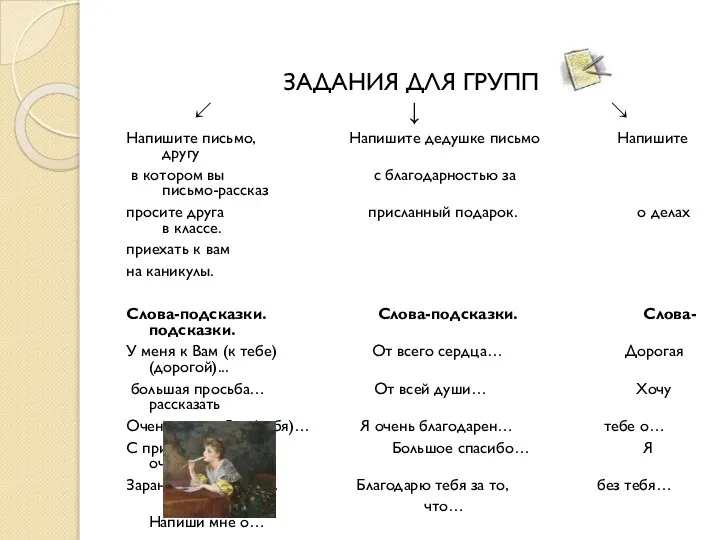 ЗАДАНИЯ ДЛЯ ГРУПП ↙ ↓ ↘ Напишите письмо, Напишите дедушке письмо Напишите