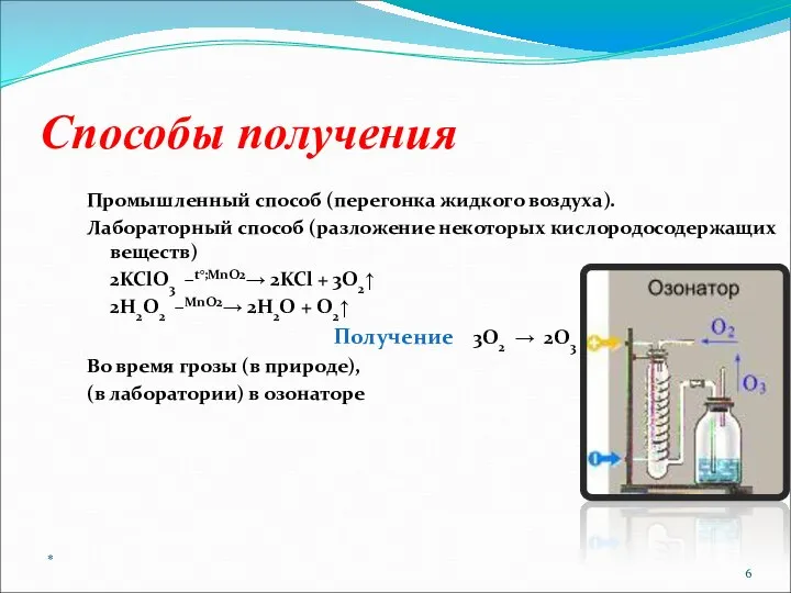 Способы получения Промышленный способ (перегонка жидкого воздуха). Лабораторный способ (разложение некоторых кислородосодержащих