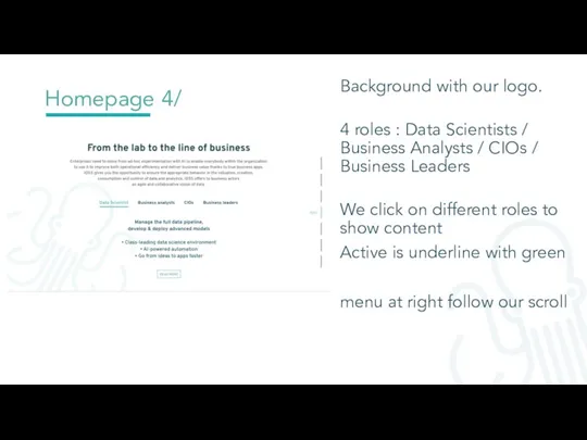 Homepage 4/ Background with our logo. 4 roles : Data Scientists /