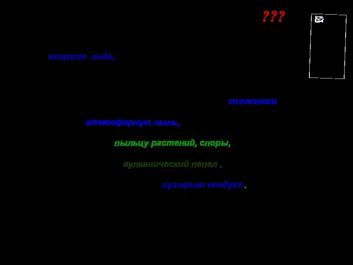 определяют возраст льда, изучают осевшую когда-то на лёд в виде снежинки атмосферную