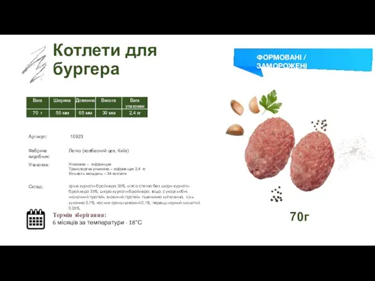 Заморожений суп Котлети для бургера Термін зберігання: 6 місяців за температури -