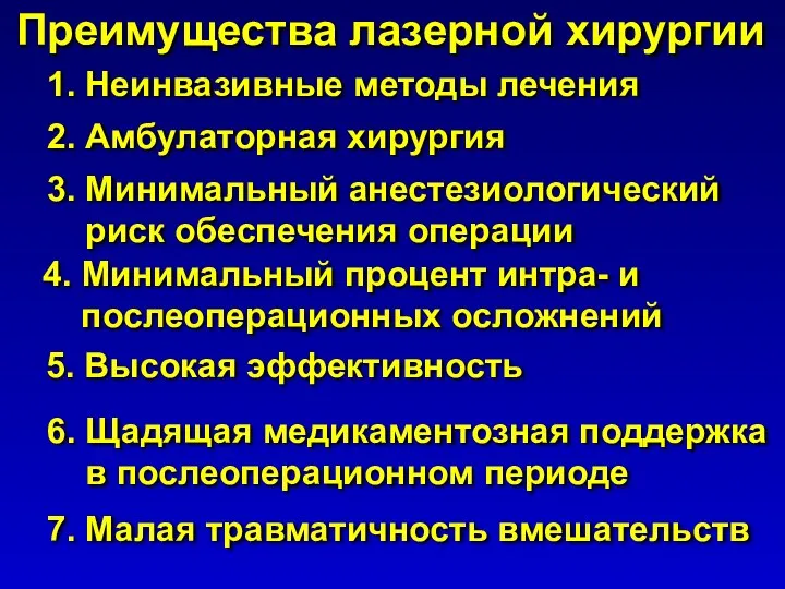 Преимущества лазерной хирургии 1. Неинвазивные методы лечения 2. Амбулаторная хирургия 3. Минимальный