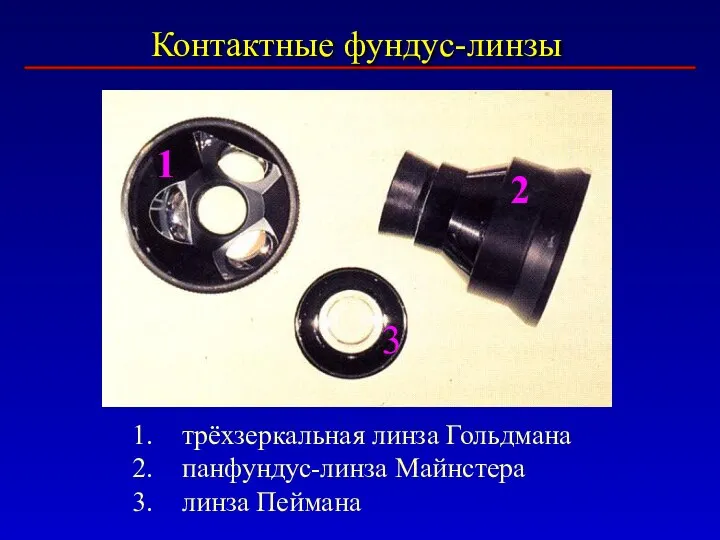 Контактные фундус-линзы трёхзеркальная линза Гольдмана панфундус-линза Майнстера линза Пеймана 1 2 3