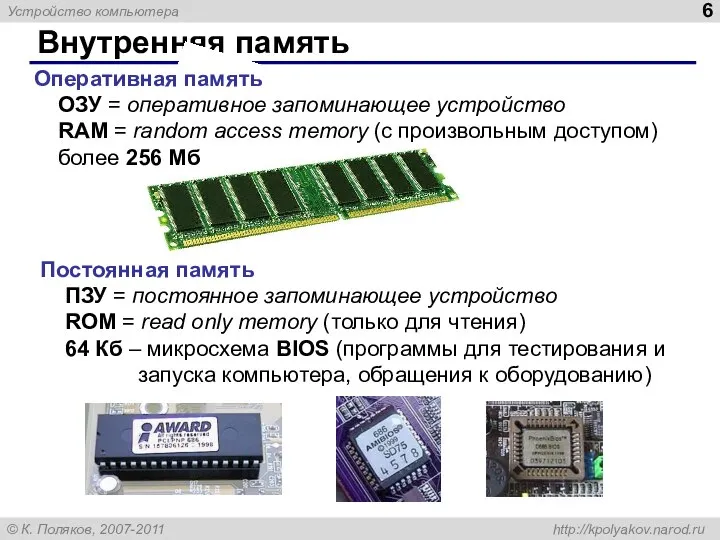 Внутренняя память Оперативная память ОЗУ = оперативное запоминающее устройство RAM = random