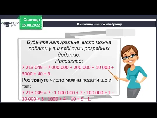 15.08.2022 Сьогодні Вивчення нового матеріалу Будь-яке натуральне число можна подати у вигляді