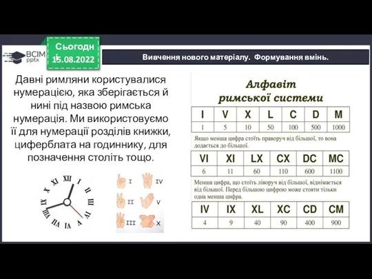 15.08.2022 Сьогодні Вивчення нового матеріалу. Формування вмінь. Давні римляни користувалися нумерацією, яка