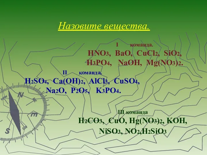 Назовите вещества. III команда H2CO3, CuO, Hg(NO3)2, KOH, NiSO3, NO2,H2SiO3 I команда.