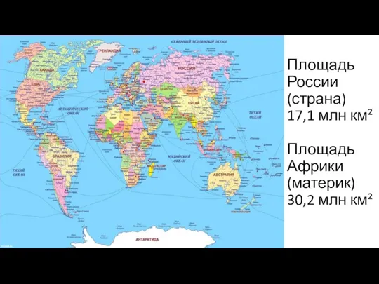 Площадь России (страна) 17,1 млн км² Площадь Африки (материк) 30,2 млн км²