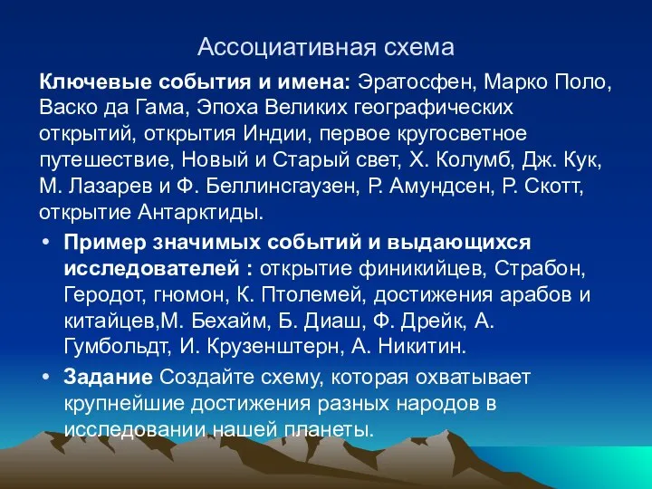 Ассоциативная схема Ключевые события и имена: Эратосфен, Марко Поло, Васко да Гама,