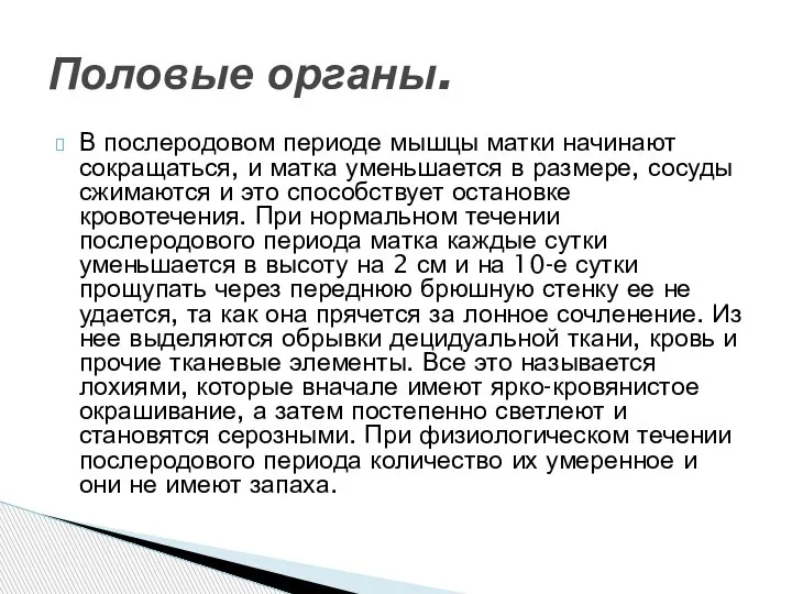 В послеродовом периоде мышцы матки начинают сокращаться, и матка уменьшается в размере,