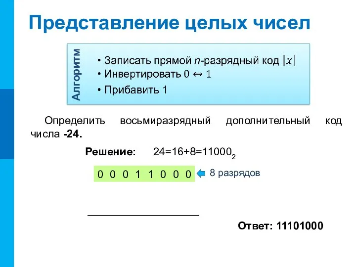 Представление целых чисел Определить восьмиразрядный дополнительный код числа -24. 8 разрядов Решение: 24=16+8=110002 Ответ: 11101000