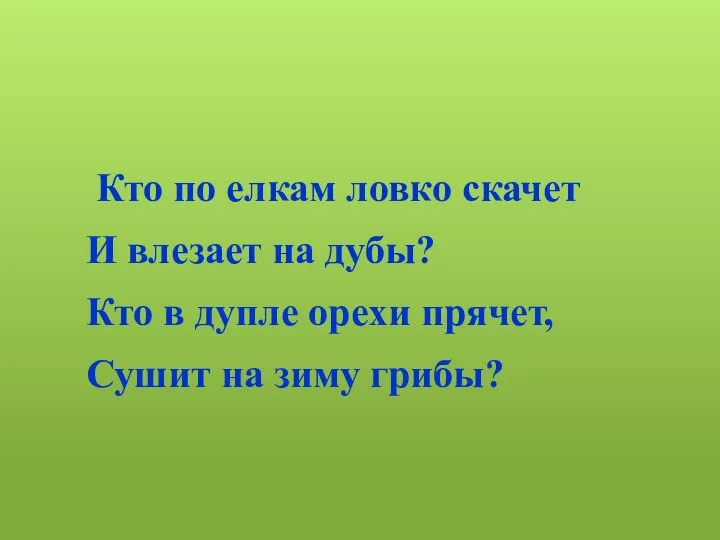 Кто по елкам ловко скачет И влезает на дубы? Кто в дупле