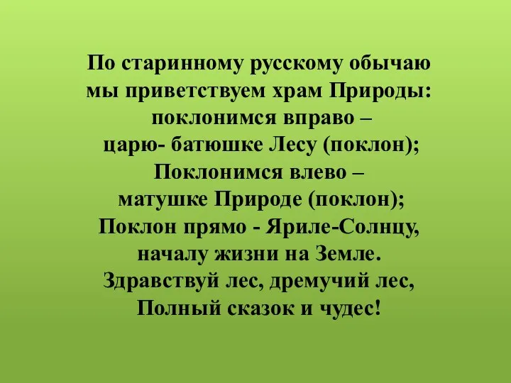 По старинному русскому обычаю мы приветствуем храм Природы: поклонимся вправо – царю-