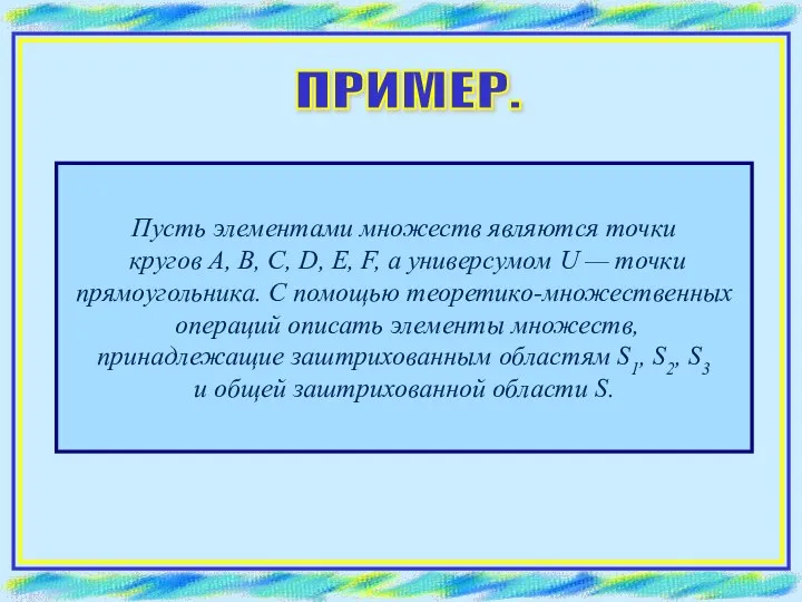 ПРИМЕР. Пусть элементами множеств являются точки кругов A, B, C, D, E,