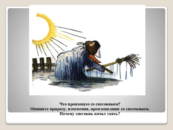 Что произошло со снеговиком? Опишите природу, изменения, произошедшие со снеговиком. Почему снеговик начал таять?