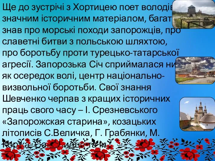 Ще до зустрічі з Хортицею поет володів значним історичним матеріалом, багато знав