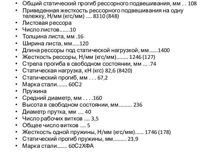 Общий статический прогиб рессорного подвешивания, мм . . 108 Приведенная жесткость рессорного