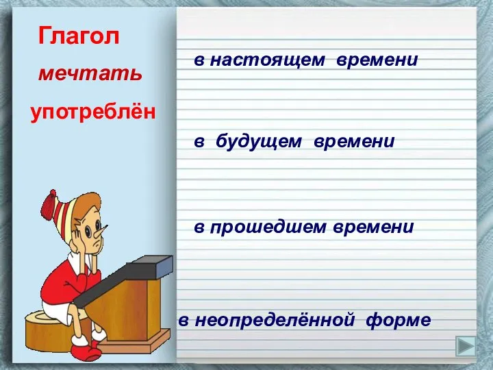 Глагол мечтать употреблён в настоящем времени в будущем времени в прошедшем времени в неопределённой форме