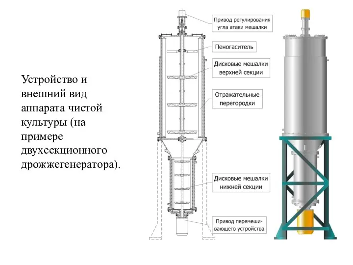 Устройство и внешний вид аппарата чистой культуры (на примере двухсекционного дрожжегенератора).