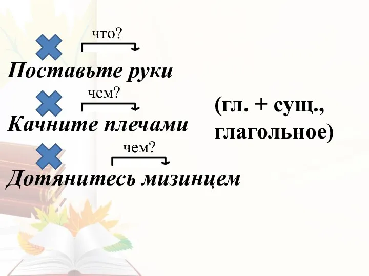 Поставьте руки Качните плечами Дотянитесь мизинцем что? чем? чем? (гл. + сущ., глагольное)