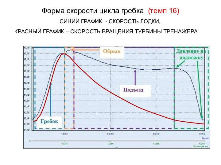 Форма скорости цикла гребка (темп 16) СИНИЙ ГРАФИК - СКОРОСТЬ ЛОДКИ, КРАСНЫЙ