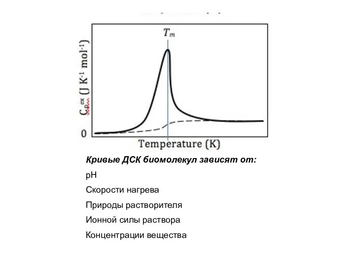 Кривые ДСК биомолекул зависят от: рН Скорости нагрева Природы растворителя Ионной силы раствора Концентрации вещества