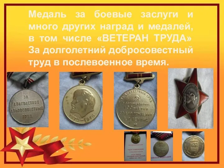 Медаль за боевые заслуги и много других наград и медалей, в том