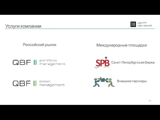 Услуги компании Российский рынок Международные площадки Внешние партнеры Санкт-Петербургская биржа