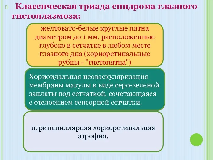 желтовато-белые круглые пятна диаметром до 1 мм, расположенные глубоко в сетчатке в