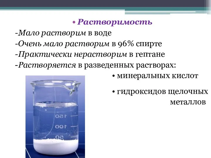 Растворимость -Мало растворим в воде -Очень мало растворим в 96% спирте -Практически