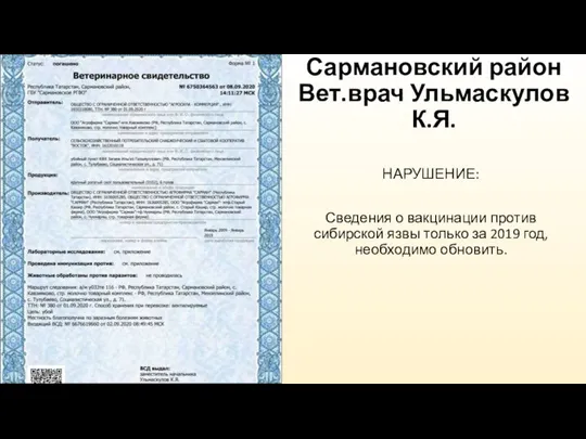 Сармановский район Вет.врач Ульмаскулов К.Я. НАРУШЕНИЕ: Сведения о вакцинации против сибирской язвы