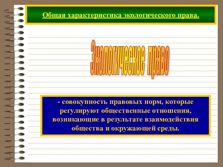 Общая характеристика экологического права. Экологическое право - совокупность правовых норм, которые регулируют