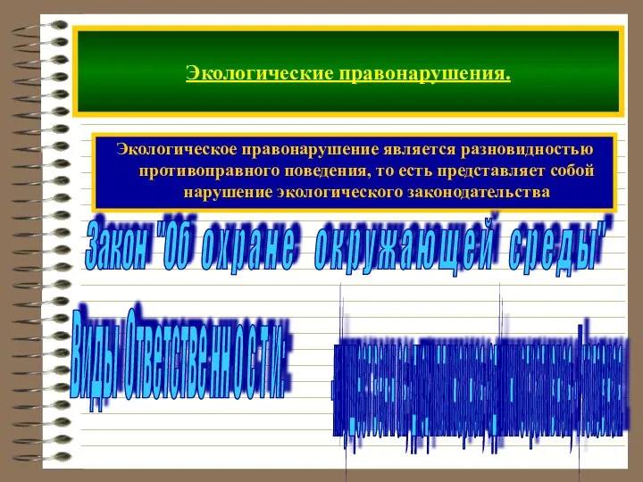 Экологические правонарушения. Экологическое правонарушение является разновидностью противоправного поведения, то есть представляет собой