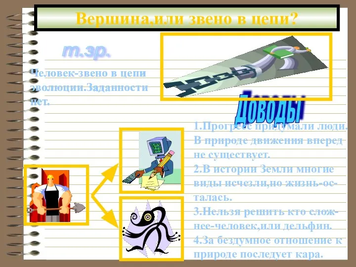 Вершина,или звено в цепи? т.зр. Доводы 1.Прогресс придумали люди. В природе движения